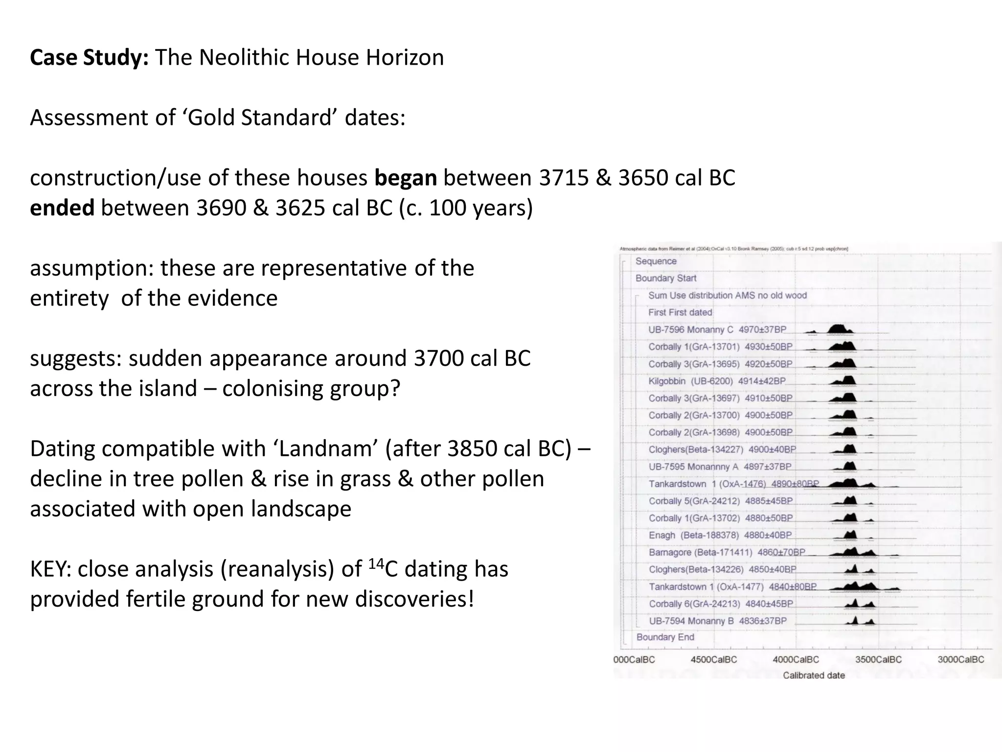 Case Study: The Neolithic House Horizon

Assessment of ‘Gold Standard’ dates:

construction/use of these houses began between 3715 & 3650 cal BC
ended between 3690 & 3625 cal BC (c. 100 years)

assumption: these are representative of the
entirety of the evidence

suggests: sudden appearance around 3700 cal BC
across the island – colonising group?

Dating compatible with ‘Landnam’ (after 3850 cal BC) –
decline in tree pollen & rise in grass & other pollen
associated with open landscape

KEY: close analysis (reanalysis) of 14C dating has
provided fertile ground for new discoveries!
 