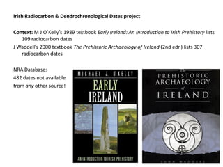 Irish Radiocarbon & Dendrochronological Dates project

Context: M J O’Kelly’s 1989 textbook Early Ireland: An Introduction to Irish Prehistory lists
   109 radiocarbon dates
J Waddell’s 2000 textbook The Prehistoric Archaeology of Ireland (2nd edn) lists 307
   radiocarbon dates

NRA Database:
482 dates not available
from any other source!
 