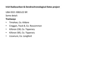 Irish Radiocarbon & Dendrochronological Dates project

UBA-9321 3082±22 BP.
Some detail:
Trackways
• Timahoe, Co. Kildare
• Creggan, Track B, Co. Roscommon
• Killoran 230, Co. Tipperary
• Killoran 305, Co. Tipperary
• Lissanure, Co. Longford
 