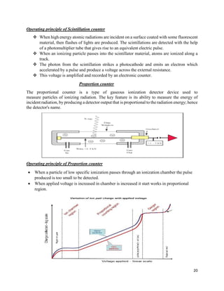 20
Operating principle of Scintillation counter
 When high energy atomic radiations are incident on a surface coated with some fluorescent
material, then flashes of lights are produced. The scintillations are detected with the help
of a photomultiplier tube that gives rise to an equivalent electric pulse.
 When an ionizing particle passes into the scintillator material, atoms are ionized along a
track.
 The photon from the scintillation strikes a photocathode and emits an electron which
accelerated by a pulse and produce a voltage across the external resistance.
 This voltage is amplified and recorded by an electronic counter.
Proportion counter
The proportional counter is a type of gaseous ionization detector device used to
measure particles of ionizing radiation. The key feature is its ability to measure the energy of
incident radiation, by producing a detector output that is proportional to the radiation energy; hence
the detector's name.
Operating principle of Proportion counter
 When a particle of low specific ionization passes through an ionization chamber the pulse
produced is too small to be detected.
 When applied voltage is increased in chamber is increased it start works in proportional
region.
 