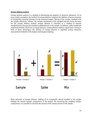 23
Isotope dilution analysis
Isotope dilution analysis is a method of determining the quantity of chemical substances. In its
most simple conception, the method of isotope dilution comprises the addition of known amounts
of isotopically enriched substance to the analyzed sample. Mixing of the isotopic standard with
the sample effectively "dilutes" the isotopic enrichment of the standard and this forms the basis
for the isotope dilution method. Isotope dilution is classified as a method of internal
standardization, because the standard is added directly to the sample. In addition, unlike traditional
analytical methods which rely on signal intensity, isotope dilution employs signal ratios. Owing to
both of these advantages, the method of isotope dilution is regarded among chemistry
measurement methods of the highest metrological standing.
Basic principle of isotope dilution -Adding of an isotopically altered standard to the sample
changes the natural isotopic composition of the analyte. By measuring the resulting isotopic
composition, it is possible to calculate the amount of the analyte present in the sample.
 
