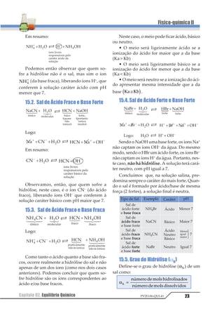 Capítulo 02. Equilíbrio Químico14
Físico-químicaII
PV2D-06-QUI-41
Capítulo02. EquilíbrioQuímico
1. Conceito
Ocorre quando, em uma reação reversível, a velocidade da reação direta é igual à velocida-
de da reação inversa. Uma vez atingido o estado de equilíbrio, as concentrações de reagentes
e produtos permanecem constantes. Consideremos a equação genérica:
em que v1 é a velocidade da reação direta e v2 a velocidade da reação inversa.
Noiníciov1 éomáximoporqueasconcentraçõesdeAeBapresentamvaloresmáximos,enquan-
to que v2 é igual a zero, porque C e D ainda não foram formados. À medida que a reação ocorre, A e
B diminuem, e C e D aumentam, portanto v1 diminui e v2 aumenta, até que as duas velocidades se
igualem. No instante em que v1 = v2, podemos dizer que o sistema atinge o estado de equilíbrio.
Atingido o estado de equilíbrio, a reação química continua a ocorrer (nível microscópico)
nos dois sentidos, com a mesma velocidade e, portanto, as concentrações de reagentes e pro-
dutos ficam constantes. Por isso, podemos dizer que o equilíbrio é um equilíbrio dinâmico.
Ao considerarmos o sistema como um todo (nível macroscópico), aparentemente a reação
“parou” de acontecer, porque as concentrações de reagentes e produtos permanecem
inalterados indefinidamente.
Para que o estado de equilíbrio possa ser atingido, é necessário que:
– o sistema encontre-se num recipiente fechado;
– a temperatura fique constante.
Graficamente, podemos representar:
2. Classificação
Os equilíbrios químicos podem ser classi-
ficados em homogêneos e heterogêneos.
2.1.EquilíbrioHomogêneo
É aquele em que todos os participantes se
encontram numa única fase.Portanto, clas-
sificamos o sistema como sendo homogêneo.
2.2.EquilíbrioHeterogêneo
É aquele em que os participantes se en-
contram em mais de uma fase. Portanto, clas-
sificamos o sistema como sendo heterogêneo.
3. Grau de Equilíbrio (α)
Indica a porcentagem em mols de uma
determinada espécie que reagiu para estabe-
lecer o equilíbrio. Podemos representar:
α =
1234567378 89 9
 