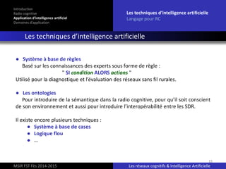 19
Introduction
Radio cognitive
Application d’intelligence artificiel
Domaines d’application
Les techniques d’intelligence artificielle
Langage pour RC
Les techniques d’intelligence artificielle
MSIR FST Fès 2014-2015 Les réseaux cognitifs & Intelligence Artificielle
● Système à base de règles
Basé sur les connaissances des experts sous forme de règle :
" SI condition ALORS actions "
Utilisé pour la diagnostique et l’évaluation des réseaux sans fil rurales.
● Les ontologies
Pour introduire de la sémantique dans la radio cognitive, pour qu’il soit conscient
de son environnement et aussi pour introduire l’interopérabilité entre les SDR.
Il existe encore plusieurs techniques :
● Système à base de cases
● Logique flou
● …
 