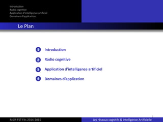 2
1
2
4
3
Introduction
Radio cognitive
Application d’intelligence artificiel
Domaines d’application
Le Plan
MSIR FST Fès 2014-2015 Les réseaux cognitifs & Intelligence Artificielle
Introduction
Radio cognitive
Application d’intelligence artificiel
Domaines d’application
 