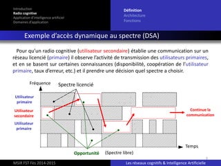 9
Introduction
Radio cognitive
Application d’intelligence artificiel
Domaines d’application
Définition
Architecture
Fonctions
Exemple d’accès dynamique au spectre (DSA)
MSIR FST Fès 2014-2015 Les réseaux cognitifs & Intelligence Artificielle
Spectre licencié
(Spectre libre)Opportunité
Utilisateur
primaire
Utilisateur
secondaire
Continue la
communication
Fréquence
Temps
Utilisateur
primaire
Pour qu’un radio cognitive (utilisateur secondaire) établie une communication sur un
réseau licencié (primaire) il observe l’activité de transmission des utilisateurs primaires,
et en se basent sur certaines connaissances (disponibilité, coopération de l’utilisateur
primaire, taux d’erreur, etc.) et il prendre une décision quel spectre a choisir.
 