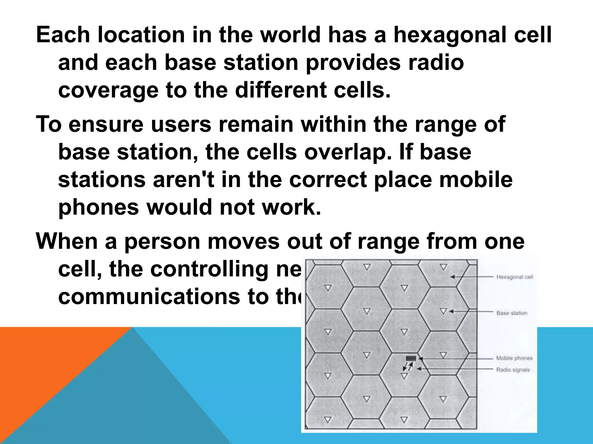 Each location in the world has a hexagonal cell and each base station provides radio coverage to the different cells.To ensure users remain within the range of base station, the cells overlap. If base stations aren't in the correct place mobile phones would not work. When a person moves out of range from one cell, the controlling networks hand it over communications to the next base station.