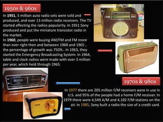 1950s & 960s,[object Object],In 1951, 5 million auto radio sets were sold and produced, and over 13 million radio receivers. The TV started affecting the radios popularity. In 1951 Sony produced and put the miniature transistor radio in the market.,[object Object],In 1960, people were buying AM/FM and FM more than ever right then and between 1960 and 1965 , the percentage of growth was 750%.. In 1963, they started the Emergency Broadcasting System. In 1964, table and clock radios were made with over 3 million per year, which held through 1965.,[object Object],1970s & 980s,[object Object],In 1977 there are 205 million F/M receivers were in use in U.S. and 95% of the people had a home F/M receiver. In 1979 there were 4,549 A/M and 4,102 F/M stations on the air. In 1985, Sony built a radio the size of a credit card.,[object Object]