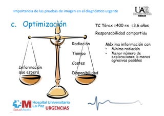 Importancia de las pruebas de imagen en el diagnós4co urgente  
c.  Optimización                               TC Tórax =400 rx =3.6 años
                                               Responsabilidad compartida


                          ¿       Radiación          Máxima información con
                                                     •    Minima radiación
                                  Tiempo             •    Menor número de
                                                          exploraciones lo menos
                                                          agresivas posibles
                                  Costes
   Información
   que espero                     Disponibilidad
 