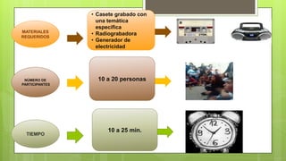 MATERIALES
REQUERIDOS

NÚMERO DE
PARTICIPANTES

TIEMPO

• Casete grabado con
una temática
especifica
• Radiograbadora
• Generador de
electricidad

10 a 20 personas

10 a 25 min.

 