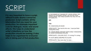 SCRIPT
It is very important to have a script,
without it radio drama cannot be
produced. Script contains all the
information that you need for your
production, for example important
cues for dialogue, music and sound
effects. This helps to understand
writer’s intentions on how the
production should be looking. It also
helps to be organized for everyone
who is taking part of that production.

 