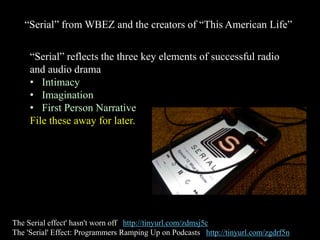 “Serial” from WBEZ and the creators of “This American Life”
“Serial” reflects the three key elements of successful radio
and audio drama
• Intimacy
• Imagination
• First Person Narrative
File these away for later.
The Serial effect' hasn't worn off http://tinyurl.com/zdmsj5c
The 'Serial' Effect: Programmers Ramping Up on Podcasts http://tinyurl.com/zgdrf5n
 