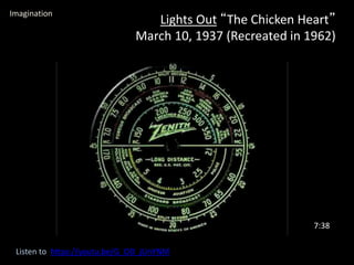 Lights Out “The Chicken Heart”
March 10, 1937 (Recreated in 1962)
Listen to https://youtu.be/G_OD_jUnYNM
7:38
Imagination
 