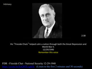 His “Fireside Chats” helped calm a nation through both the Great Depression and
World War II.
12/29/1940
Remember this voice
FDR - Fireside Chat - National Security 12-29-1940
https://youtu.be/EaQH2LsghZk (Listen to the first 2 minutes and 30 seconds)
2:30
Intimacy
 