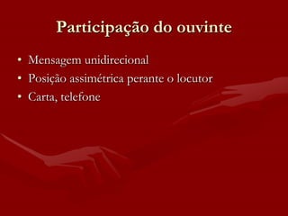 Participação do ouvinte
• Mensagem unidirecional
• Posição assimétrica perante o locutor
• Carta, telefone
 