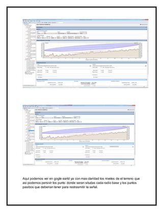 Aquí podemos ver en gogle eartd ya con mas claridad los niveles de el terreno que
asi podemos persivir los punto donde seran situdas cada radio base y los puntos
pasibos que deberian tener para restrasmitir la señal.
 