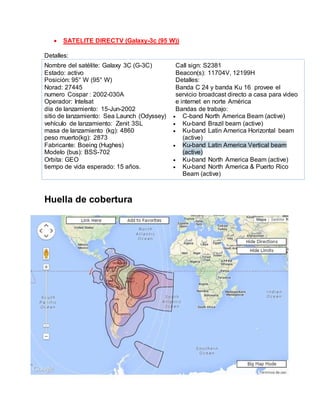  SATELITE DIRECTV (Galaxy-3c (95 W))
Detalles:
Nombre del satélite: Galaxy 3C (G-3C)
Estado: activo
Posición: 95° W (95° W)
Norad: 27445
numero Cospar : 2002-030A
Operador: Intelsat
día de lanzamiento: 15-Jun-2002
sitio de lanzamiento: Sea Launch (Odyssey)
vehículo de lanzamiento: Zenit 3SL
masa de lanzamiento (kg): 4860
peso muerto(kg): 2873
Fabricante: Boeing (Hughes)
Modelo (bus): BSS-702
Orbita: GEO
tiempo de vida esperado: 15 años.
Call sign: S2381
Beacon(s): 11704V, 12199H
Detalles:
Banda C 24 y banda Ku 16 provee el
servicio broadcast directo a casa para video
e internet en norte América
Bandas de trabajo:
 C-band North America Beam (active)
 Ku-band Brazil beam (active)
 Ku-band Latin America Horizontal beam
(active)
 Ku-band Latin America Vertical beam
(active)
 Ku-band North America Beam (active)
 Ku-band North America & Puerto Rico
Beam (active)
Huella de cobertura
 