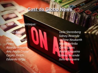 Cast da Globo News


Os de maior destaque:  

Sergio Aguiar              Leila Sterenberg
Caio Blinder               Sidney Rezende
Diogo Mainardi             Leilane Neubarth
Pedro Andrade              Maria Beltrão
Ricardo Amorim             Carla Lopes
Ana Paula Couto            André Trigueiro
Cecilia Flesch             Sidney Rezende
Eduardo Grillo             Julio Mosquera
 