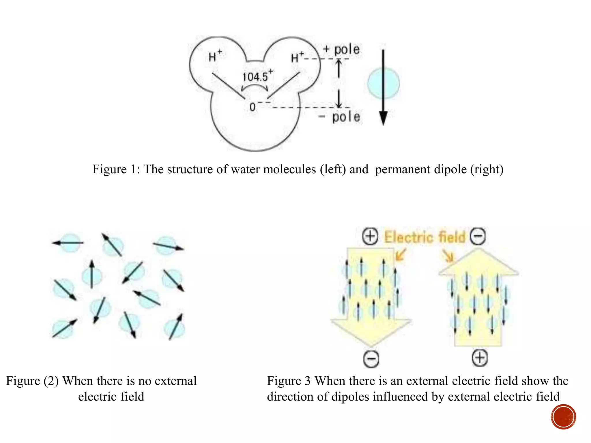 Figure 1: The structure of water molecules (left) and permanent dipole (right)
Figure (2) When there is no external
electric field
Figure 3 When there is an external electric field show the
direction of dipoles influenced by external electric field
 