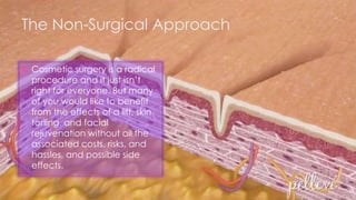 The Non-Surgical Approach
 Cosmetic surgery is a radical
procedure and it just isn’t
right for everyone. But many
of you would like to benefit
from the effects of a lift, skin
toning, and facial
rejuvenation without all the
associated costs, risks, and
hassles, and possible side
effects.
 