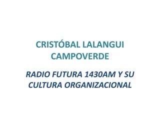 CRISTÓBAL LALANGUI
     CAMPOVERDE
RADIO FUTURA 1430AM Y SU
CULTURA ORGANIZACIONAL
 
