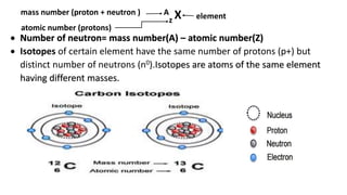 mass number (proton + neutron ) A
z X element
atomic number (protons)
 Number of neutron= mass number(A) – atomic number(Z)
 Isotopes of certain element have the same number of protons (p+) but
distinct number of neutrons (n0).Isotopes are atoms of the same element
having different masses.
 