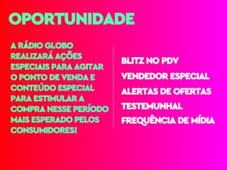 OPORTUNIDADE
A RÁDIO GLOBO
REALIZARÁ AÇÕES
ESPECIAIS PARA AGITAR
O PONTO DE VENDA E
CONTEÚDO ESPECIAL
PARA ESTIMULAR A
COMPRA NESSE PERÍODO
MAIS ESPERADO PELOS
CONSUMIDORES!
BLITZ NO PDV
ALERTAS DE OFERTAS
FREQUÊNCIA DE MÍDIA
VENDEDOR ESPECIAL
TESTEMUNHAL
 