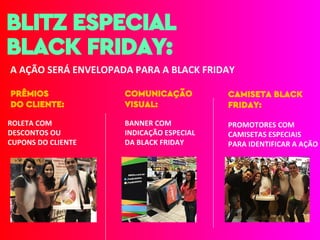 BANNER COM
INDICAÇÃO ESPECIAL
DA BLACK FRIDAY
COMUNICAÇÃO
VISUAL:
BLITZ ESPECIAL
BLACK FRIDAY:
A AÇÃO SERÁ ENVELOPADA PARA A BLACK FRIDAY
PRÊMIOS
DO CLIENTE:
ROLETA COM
DESCONTOS OU
CUPONS DO CLIENTE
PROMOTORES COM
CAMISETAS ESPECIAIS
PARA IDENTIFICAR A AÇÃO
CAMISETA BLACK
FRIDAY:
 