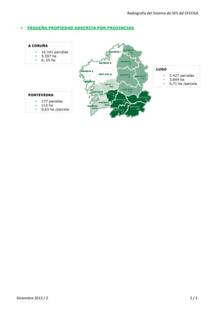 Radiografía del Sistema de GFS del CFCCGA


PEQUEÑA PROPIEDAD ADSCRITA POR PROVINCIAS

A CORUÑA




10.141 parcelas
5.597 ha
0, 55 ha
/parcela
LUGO





5.427 parcelas
3.844 ha
0,71 ha /parcela

PONTEVEDRA




177 parcelas
112 ha
0,63 ha /parcela

Diciembre 2013 / 2

2/2

 