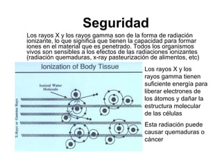Seguridad  Los rayos X y los rayos gamma son de la forma de radiación ionizante, lo que significa que tienen la capacidad para formar iones en el material que es penetrado. Todos los organismos vivos son sensibles a los efectos de las radiaciones ionizantes (radiación quemaduras, x-ray pasteurización de alimentos, etc) Los rayos X y los rayos gamma tienen suficiente energía para liberar electrones de los átomos y dañar la estructura molecular de las células Esta radiación puede causar quemaduras o cáncer  