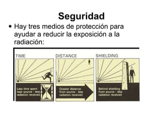 Seguridad  Hay tres medios de protección para ayudar a reducir la exposición a la radiación: 