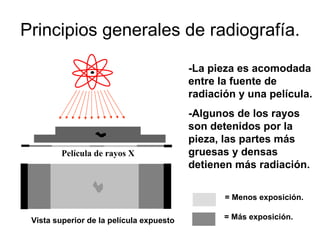 Principios generales de radiografía. -La pieza es acomodada entre la fuente de radiación y una película. -Algunos de los rayos son detenidos por la pieza, las partes más gruesas y densas detienen más radiación.  Vista superior de la película expuesto   Película de rayos X = Más exposición. = Menos exposición. 