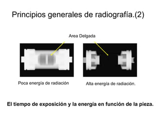 Principios generales de radiografía.(2) El tiempo de exposición y la energía en función de la pieza. Area Delgada Poca energía de radiación Alta energía de radiación. 