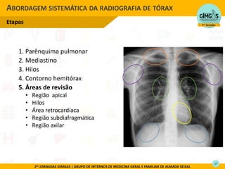 2as JORNADAS GIMGAS | GRUPO DE INTERNOS DE MEDICINA GERAL E FAMILIAR DE ALMADA SEIXAL
1. Parênquima pulmonar
2. Mediastino
3. Hilos
4. Contorno hemitórax
5. Áreas de revisão
• Região apical
• Hilos
• Área retrocardíaca
• Região subdiafragmática
• Região axilar
ABORDAGEM SISTEMÁTICA DA RADIOGRAFIA DE TÓRAX
Etapas
17
 