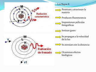 Los Rayos X

    Penetran y atraviesan la
    materia

    Producen fluorescencia
    Impresionan películas
    fotográficas

    Ionizan gases

    Se propagan a la velocidad
    de la luz

    Se atenúan con la distancia


    Ocasionan efectos
    biológicos
 