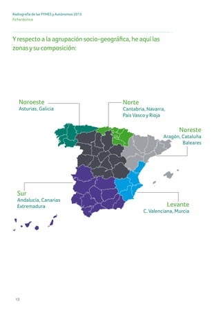 13
Radiografía de las PYMES y Autónomos 2013
Ficha técnica
Noroeste
Asturias, Galicia
Noreste
Aragón, Cataluña
Baleares
Norte
Cantabria, Navarra,
País Vasco y Rioja
Sur
Andalucía, Canarias
Extremadura Levante
C. Valenciana, Murcia
Yrespecto a la agrupación socio-geográfica, he aquí las
zonasysu composición:
 
