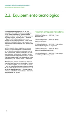 73
Radiografía de las Pymes y Autónomos 2013
Las pymes y los autónomos en 2012
73
Comparados los resultados con los del año
pasado (a finales de 2011), observamos algunas
pautas que se mantienen: a) que las variables
“equipamiento informático” y “tamaño de empresa”
están relacionadas, como es lógico o previsible;
y b) que la actividad principal de la empresa
también influye en el equipamiento, si bien ocurre
que determinadas actividades empresariales son
relativamente más probables en unos tamaños que
en otros.
La informatización (tienen equipos informáticos)
continúa su línea ascendente, el número medio
de, por ejemplo, ordenadores de despacho se ha
visto incrementado de forma significativa; en todo
caso, dado que no se trata de estudiar el parque
informático empresarial, podemos concluir que las
empresas actuales están más equipadas, en mayor
proporción, que las de hace un año y un trimestre.
Merece la pena destacar la rapidez con la que las
empresas españolas se han incorporado al uso de
los smartphones (29%, hace poco más de un año,
y 48%, en la actualidad entre empresas) o tabletas
(de 6% a 18%, también empresas) mientras que el
portátil se ha estancado (50% y 49%), lo cual nos
indica que es bastante improbable que alcancemos
la universalidad del portátil.
Resumen principales indicadores
El 80% de Autónomos y el 90% de Pymes
disponen de PC.
El 55% de Autónomos y el 48% de Pymes
disponen de Portátil.
El 16% de Autónomos y el 18% de Pymes utilizan
Tablets o Netbook para uso empresarial.
El 59% de Autónomos y el 73% de Pymes
disponen de dispositivos móviles.
El 71% de Autónomos y el 63% de Pymes utilizan
los móviles para llamadas y datos.
2.2.	 Equipamiento tecnológico
 