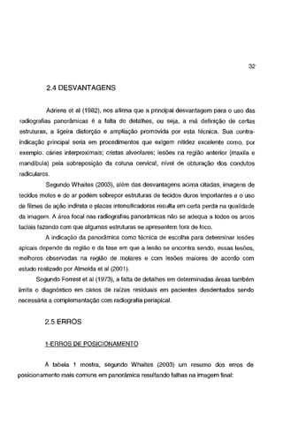 32

2.4 DESVANTAGENS
Adriens et ai (1982), nos afirma que a principal desvantagem para o uso das

radiografias panorâmicas é a falta de detalhes, ou seja, a má definição de certas
estruturas, a ligeira distorção e ampliação promovida por esta técnica. Sua contraindicação principal seria em procedimentos que exigem nitidez excelente como, por
exemplo: cáries interproximais; cristas alveolares; lesões na região anterior (maxila e
mandíbula) pela sobreposição da coluna cervical, nível de obturação dos condutos
radiculares.

Segundo Whaites (2003), além das desvantagens acima citadas, imagens de
tecidos moles e de ar podem sobrepor estruturas de tecidos duros importantes e o uso
de filmes de ação indireta e placas intensificadoras resulta em certa perda na qualidade

da imagem. A área focal nas radiografias panorâmicas não se adequa a todos os arcos
faciais fazendo com que algumas estruturas se apresentem fora de foco.
A indicação da panorâmica como técnica de escolha para determinar lesões
apicais depende da região e da fase em que a lesão se encontra sendo, essas lesões,
melhores observadas na região de .. molares e com lesões maiores de acordo com
estudo realizado por Almeida et ai (2001 ).
Segundo Forrest et ai (1973), a falta de detalhes em determinadas áreas também
limita o diagnóstico em casos de raízes residuais em pacientes desdentados sendo
necessária a complementação com radiografia periapical.

2.5 ERROS
1-ERROS DE POSICIONAMENTO

A tabela 1 mostra, segundo Whaites (2003) um resumo dos erros de
posicionamento mais comuns em panorâmica resultando falhas na imagem final:

 