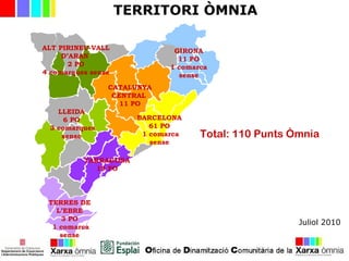 TERRES DE
L’EBRE
3 PO
1 comarca
sense
ALT PIRINEU-VALL
D’ARAN
2 PO
4 comarques sense
LLEIDA
6 PO
3 comarques
sense
BARCELONA
61 PO
1 comarca
sense
TARRAGONA
19 PO
GIRONA
11 PO
1 comarca
sense
CATALUNYA
CENTRAL
11 PO
Total: 110 Punts Òmnia
TERRITORI ÒMNIA
Juliol 2010
 