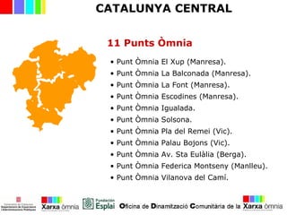 • Punt Òmnia El Xup (Manresa).
• Punt Òmnia La Balconada (Manresa).
• Punt Òmnia La Font (Manresa).
• Punt Òmnia Escodines (Manresa).
• Punt Òmnia Igualada.
• Punt Òmnia Solsona.
• Punt Òmnia Pla del Remei (Vic).
• Punt Òmnia Palau Bojons (Vic).
• Punt Òmnia Av. Sta Eulàlia (Berga).
• Punt Òmnia Federica Montseny (Manlleu).
• Punt Òmnia Vilanova del Camí.
CATALUNYA CENTRAL
11 Punts Òmnia
 