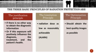 THE THREE BASIC PRINCIPLES OF RADIATION PROTECTION ARE:
The justification
principle
• If there is no other way
to obtain the diagnostic
information
• Or if this exposure will
positively influence the
diagnosis, the
treatment, and the
patient’s health.
The Limitation
Principle
• radiation dose as
low as reasonably
achievable
(ALARA)
The Optimization
Principle
• Should obtain the
best quality images
as possible
9Arwa Namnakani
 