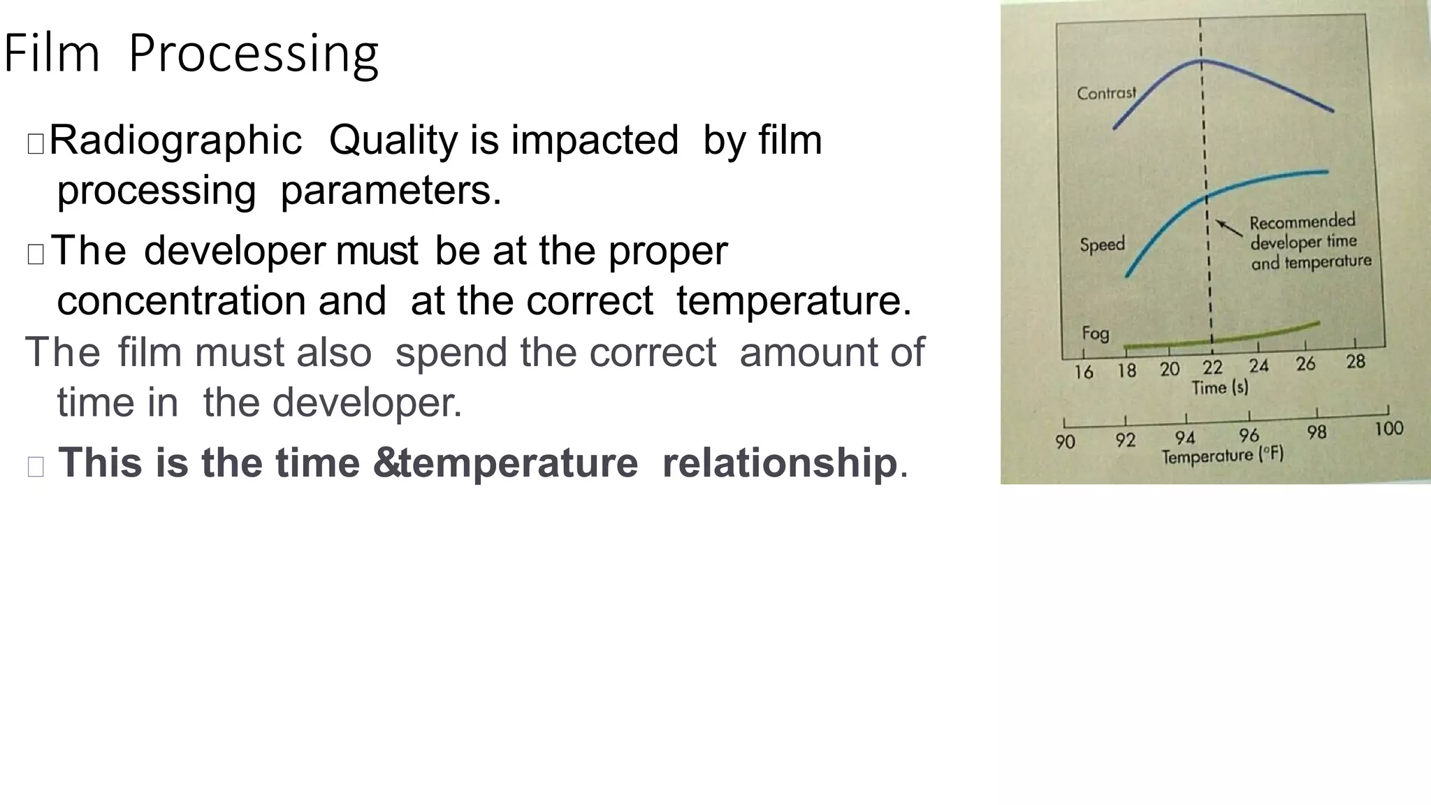 Film Processing
Radiographic Quality is impacted by film
processing parameters.
The developer must be at the proper
concentration and at the correct temperature.
The film must also spend the correct amount of
time in the developer.
This is the time &temperature relationship.
 
