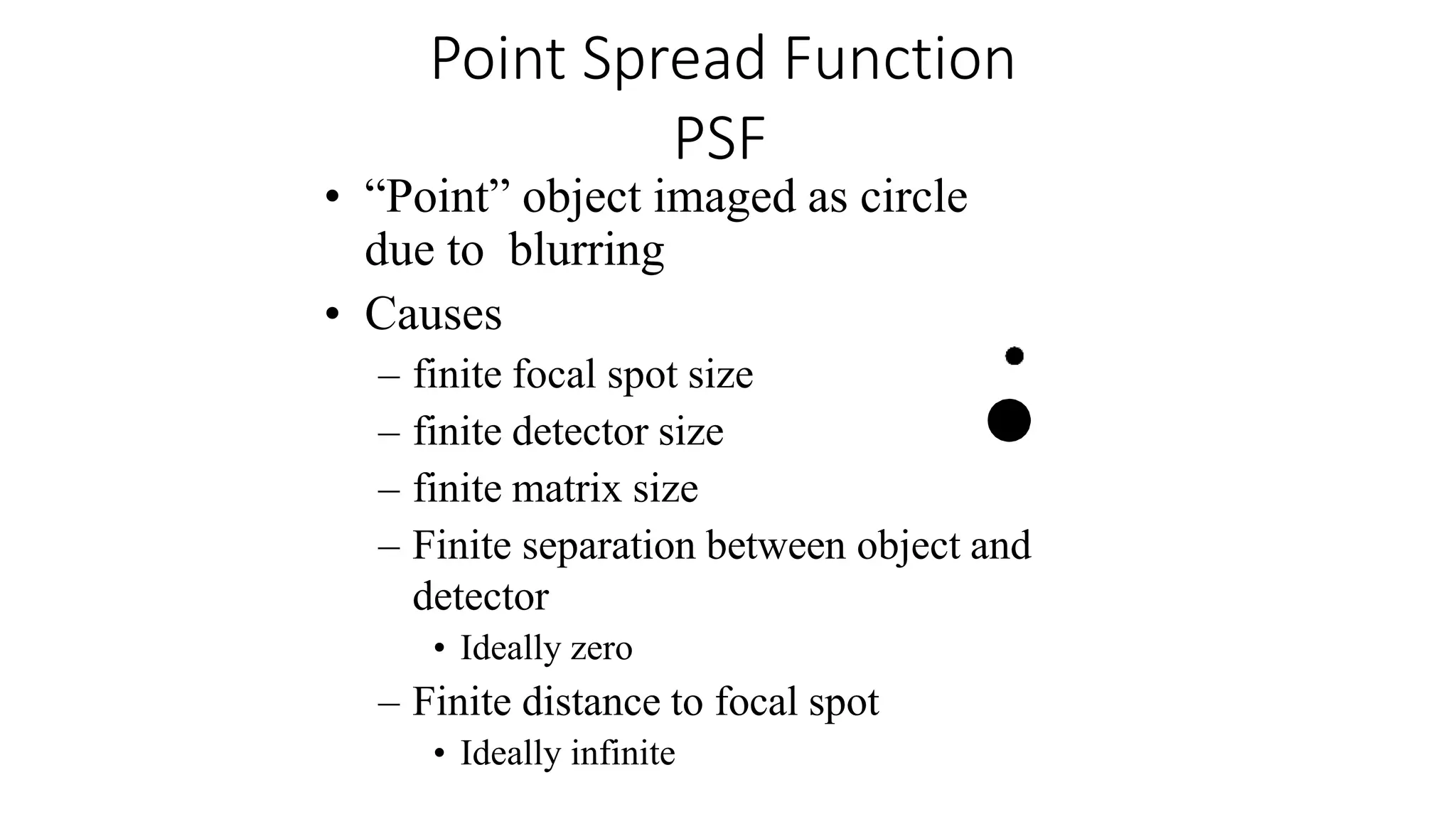Point Spread Function
PSF
• “Point” object imaged as circle
due to blurring
• Causes
– finite focal spot size
– finite detector size
– finite matrix size
– Finite separation between object and
detector
• Ideally zero
– Finite distance to focal spot
• Ideally infinite
 