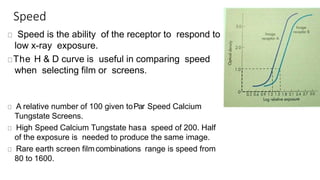 Speed
Speed is the ability of the receptor to respond to
low x-ray exposure.
The H & D curve is useful in comparing speed
when selecting film or screens.
A relative number of 100 given toPar Speed Calcium
Tungstate Screens.
High Speed Calcium Tungstate hasa speed of 200. Half
of the exposure is needed to produce the same image.
Rare earth screen filmcombinations range is speed from
80 to 1600.
 