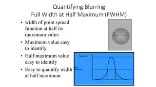 Quantifying Blurring
Full Width at Half Maximum (FWHM)
• width of point spread
function at half its
maximum value
• Maximum value easy
to identify
• Half maximum value
easy to identify
• Easy to quantify width
at half maximum
Maximum
Half
Maximum
FWHM
 