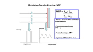 Modulation Transfer Function (MTF)
MTF = Imax- Imin
Imax + Imin
-MTF is a measure of the contrast of
an aerial pattern,
-For well-separated images,
MTF ~ 1,
-For smaller images, MTF<1
-In general, MTF should be >0.5.
Intensity
Intensity
DisplacementDisplacement
 