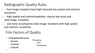 Radiographic Quality Rules
• Fast Image receptors have high noiseand low spatial and contrast
resolution.
• High spatial and contrastresolution require low noise and
slow image receptors.
• Low noise accompanies slow image receptors with high spatial
and contrast resolution.
Film Factors of Quality
Characteristiccurve
Density
Contrast
Latitude
Processing
Time
Temperature
 