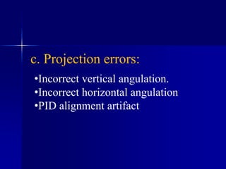 Technique & Projection errors:a. Patient preparation error:b. Film placment artifact: