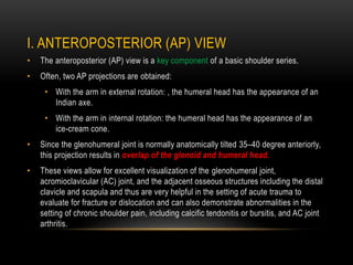 I. ANTEROPOSTERIOR (AP) VIEW
• The anteroposterior (AP) view is a key component of a basic shoulder series.
• Often, two A...
