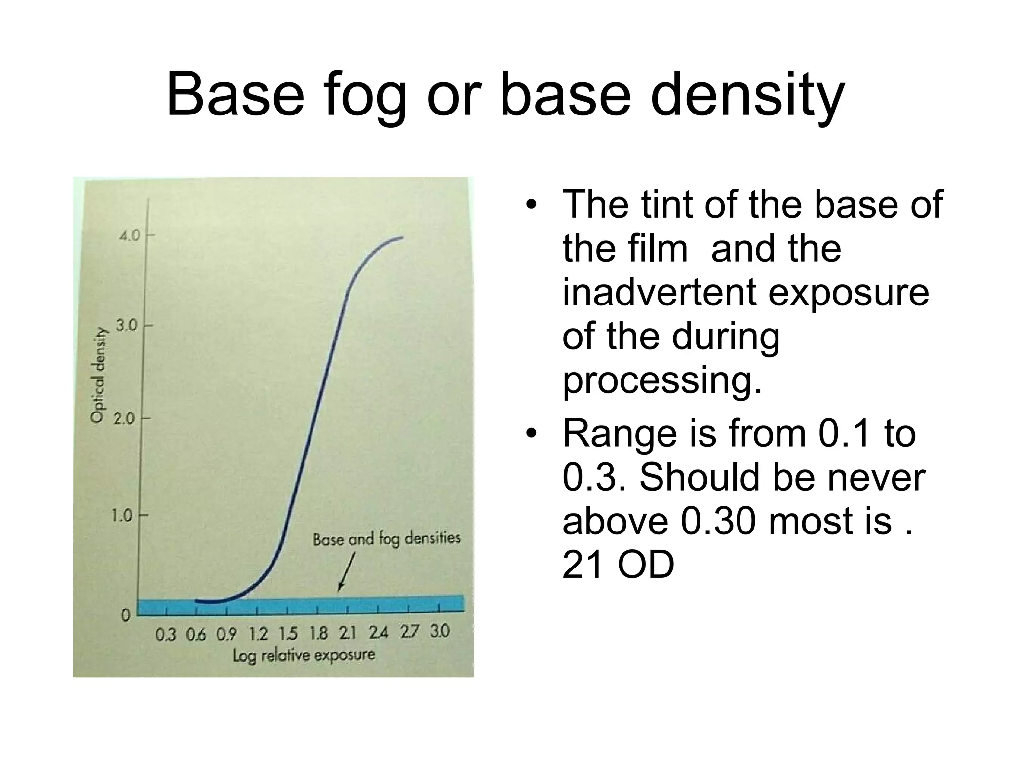 Base fog or base density The tint of the base of the film  and the inadvertent exposure of the during processing. Range is from 0.1 to 0.3. Should be never above 0.30 most is .21 OD 