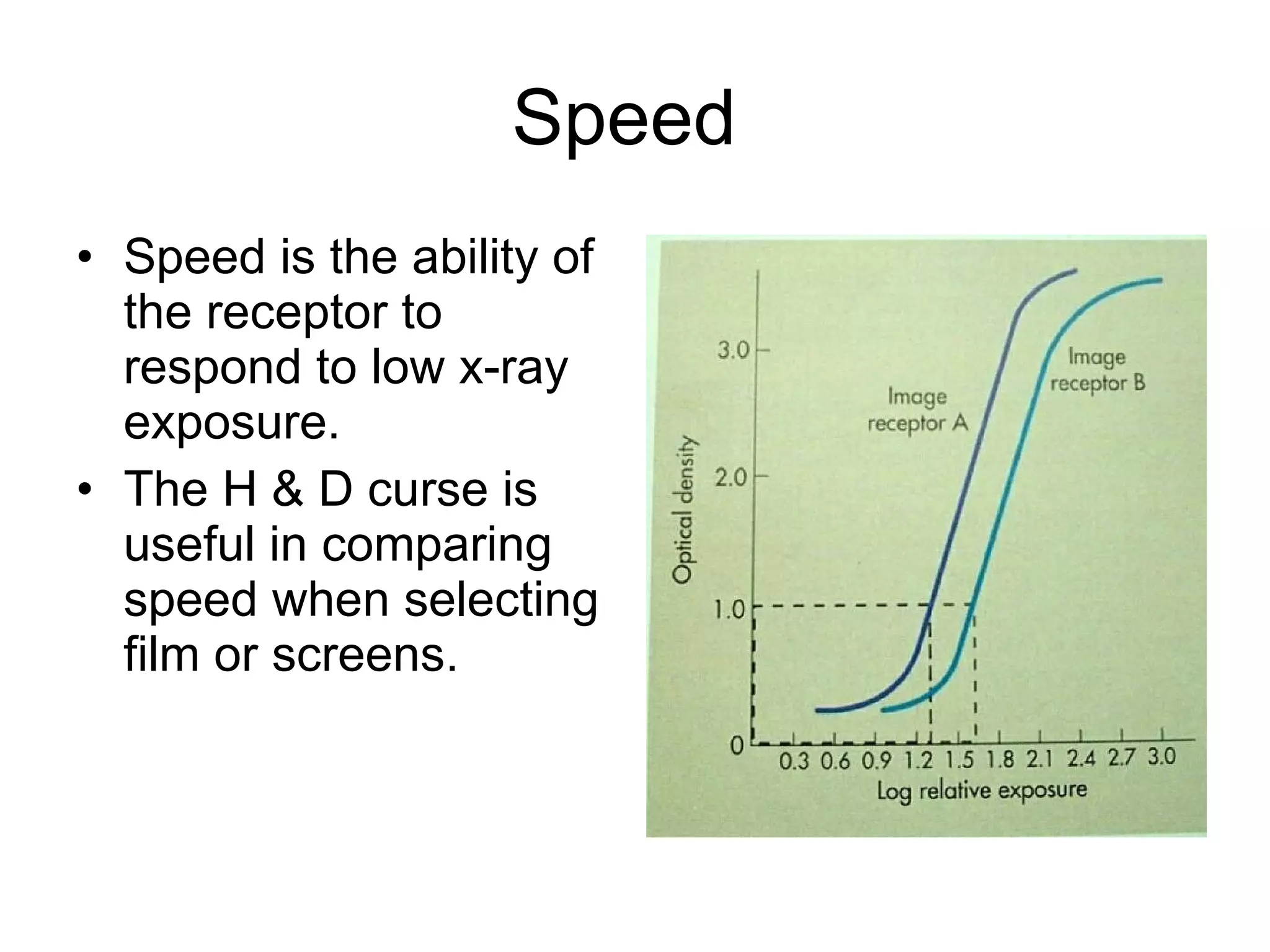 Speed  Speed is the ability of the receptor to respond to low x-ray exposure. The H & D curse is useful in comparing speed when selecting film or screens. 